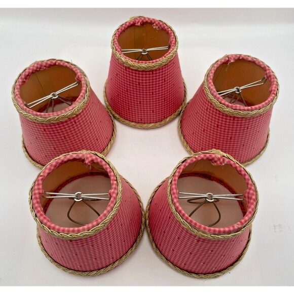 5 Vtg Pink Red Gingham Micro Check Chandelier Lamp Shades 4.5" Clip On Handmade - Picture 11 of 12